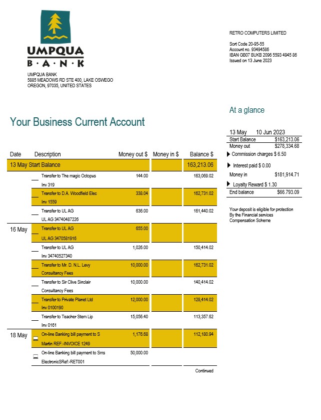 Modèle Word et PDF de relevé de compte courant de l'organisation Umpqua Bank